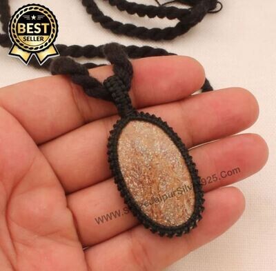 Crazy Lace Agate Macramé Pendant Necklace Gifts Her, Handmade Gemstone Macramé Jewelry Gifts, Black Thread Natural Stone Bohemian Necklace