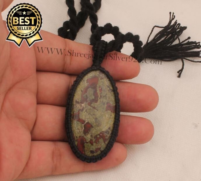 Dragon Jasper Macramé Pendant Necklace Gifts For Her, Handmade Gemstone Macramé Jewelry Gift Idea, Black Thread Oval Stone Bohemian Necklace