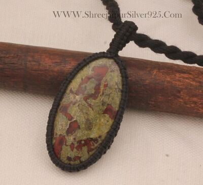 Dragon Jasper Macramé Pendant Necklace Gifts For Her, Handmade Gemstone Macramé Jewelry Gift Idea, Black Thread Oval Stone Bohemian Necklace