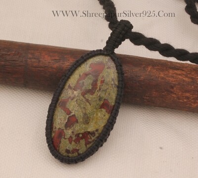 Dragon Jasper Macrame Pendant Necklace Gifts For Her, Handmade Gemstone Macrame Jewelry Gift Idea, Black Thread Oval Stone Bohemian Necklace