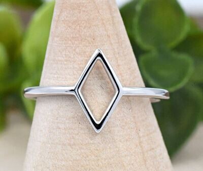 11mm Open Rhombus Shape Geometric Minimalist Sterling Silver Ring, Womens Rhombus Silver Ring