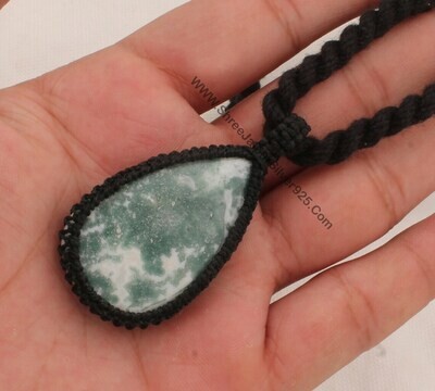 Moos Agate Macramé Pendant Necklace Gift For Her, Handmade Gemstone Macramé Jewelry Gifts Idea, Black Thread Natural Stone Bohemian Necklace