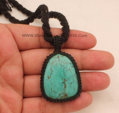 Tibetan Turquoise Macrame Pendant Necklace Gifts For Her, Handmade Gemstone Macrame Jewelry Gifts Idea, Black Thread Stone Bohemian Necklace