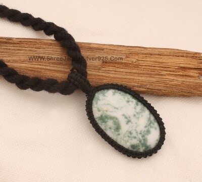 Moos Agate Macramé Pendant Necklace Gift For Her, Handmade Gemstone Macramé Jewelry Gifts Idea, Black Thread Natural Stone Bohemian Necklace