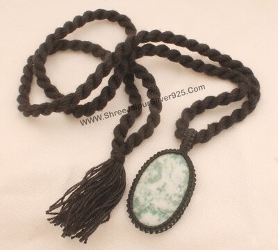 Moos Agate Macramé Pendant Necklace Gift For Her, Handmade Gemstone Macramé Jewelry Gifts Idea, Black Thread Natural Stone Bohemian Necklace