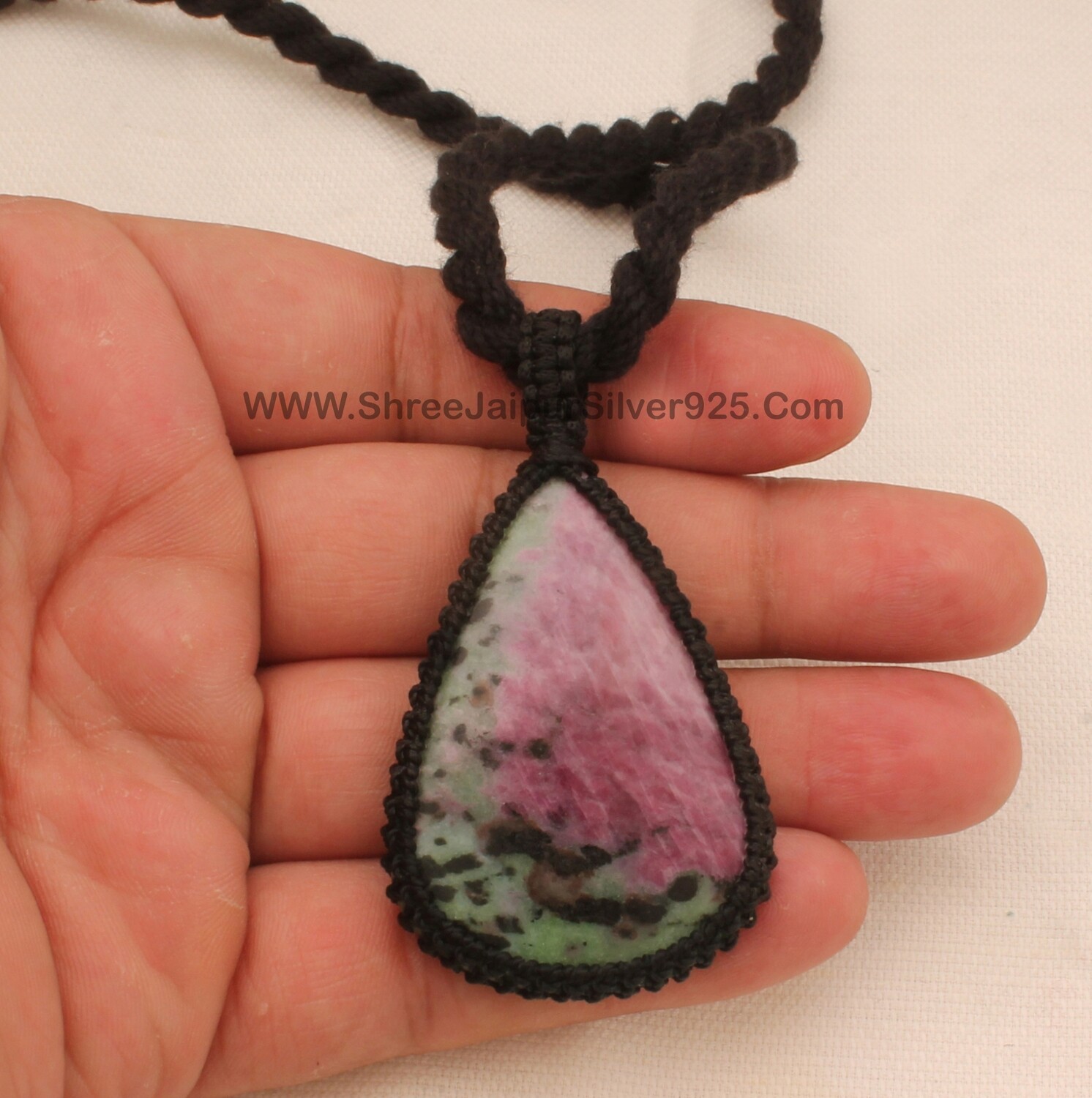 Ruby Zoisite Macramé Pendant Necklace Gift Women, Handmade Gemstone Macramé Jewelry Gifts Idea, Black Thread Pear Gemstone Bohemian Necklace