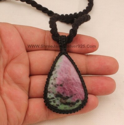 Ruby Zoisite Macramé Pendant Necklace Gift Women, Handmade Gemstone Macramé Jewelry Gifts Idea, Black Thread Pear Gemstone Bohemian Necklace