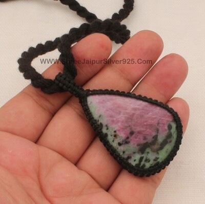 Ruby Zoisite Macramé Pendant Necklace Gift Women, Handmade Gemstone Macramé Jewelry Gifts Idea, Black Thread Pear Gemstone Bohemian Necklace