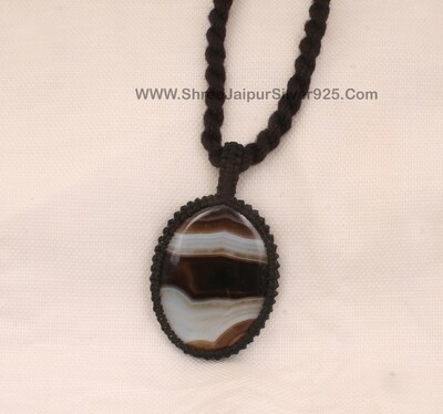 Banded Agate Macramé Pendant Necklace Gift For Her, Handmade Gemstone Macramé Jewelry Gifts Idea, Black Thread Gemstone Bohemian Necklace