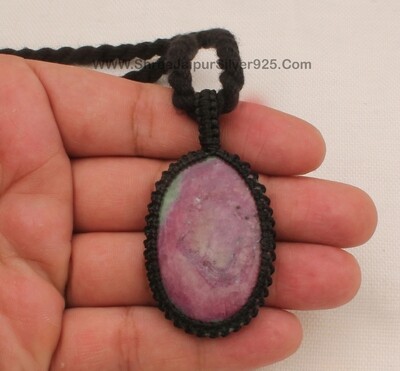 Ruby Zoisite Macramé Pendant Necklace Gift Women, Handmade Gemstone Macramé Jewelry Gifts Idea, Black Thread Oval Gemstone Bohemian Necklace