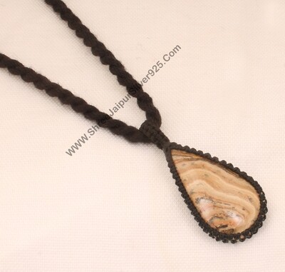 Picture Jasper Macramé Pendant Necklace Gift For Her, Handmade Gemstone Macramé Jewelry Gifts Idea, Black Thread Gemstone Bohemian Necklace