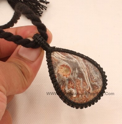 Crazy Lace Agate Macramé Pendant Necklace Gifts Her, Handmade Gemstone Macramé Jewelry Gifts, Black Thread Natural Stone Bohemian Necklace
