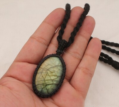 Labradorite Flashy Gemstone Pendant Necklace Gifts For Her, Handmade Gemstone Labradorite Jewelry Gift Black Thread Oval Bohemian Necklace