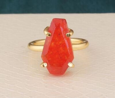 Orange Jade Ring, 925 Sterling Silver Ring, 22k Gold Plated Ring, Prong Set Ring, Statement Ring, Gemstone Ring, Handmade Ring, Gift For Her