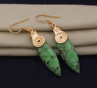 Green Copper Turquoise Stone Earring, 18k Gold Plated For Women, Marquise Gemstone Earring For Her, Handmade Women Earrings For Wife
