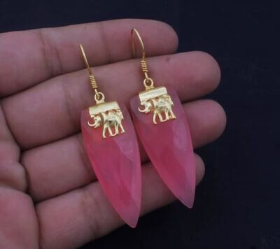 Elephant 18k Gold Plated For Women, Pink Jade Dagger Gemstone Earring For Her, Gold Plated Pink Jade Earrings, Handmade Earrings For Women