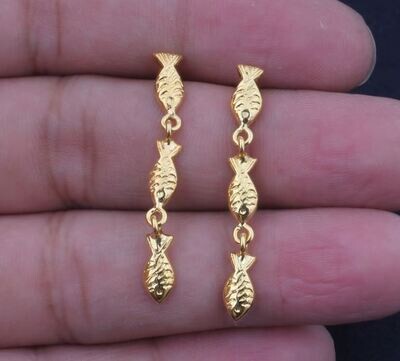 22k Gold Plated Long Earring, Swimming Fish Against The Current. School of Fish Earrings, Golden Fish Ring Sea Ocean Animal Earrings