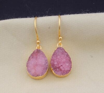 Pink Druzy Gemstone Earring 22k Gold Plated For Women, Pink Gemstone Earring For Her, Electroplating Earrings, Handmade Earrings For Women