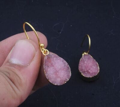 Pink Druzy Gemstone Earring 22k Gold Plated For Women, Pink Gemstone Earring For Her, Electroplating Earrings, Handmade Earrings For Women