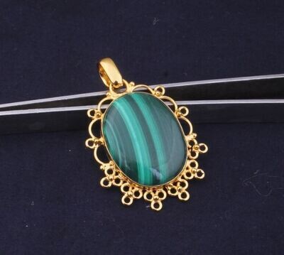Malachite Oval Shape Gemstone Pendant, Vintage Malachite Stone Pendant, 22K Gold Plated Pendant, Birthstone Pendant, Statement Pendant Gift