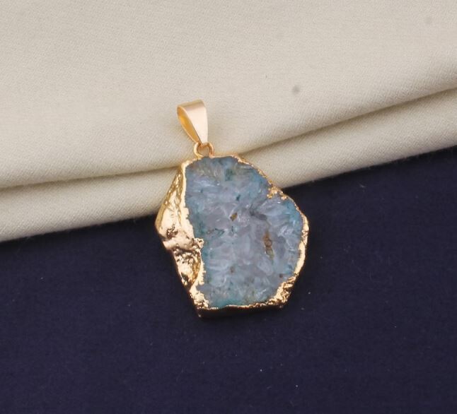 14k Gold Electroplated Raw Pendant, Aqua Soler Quartz Gemstone Pendant, Raw Crystal Necklace, Birthstone Gift Pendant, Raw Gemstone Pendant