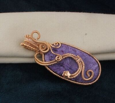 Charoite14k Gold Plated Wire Wrapped Wedding Necklace Pendant For Women, Handmade Charoite Oval Gemstone Gold Pendant Gifts For Her Jewelry