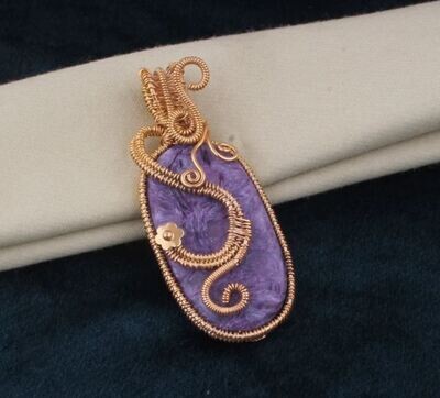 Charoite14k Gold Plated Wire Wrapped Wedding Necklace Pendant For Women, Handmade Charoite Oval Gemstone Gold Pendant Gifts For Her Jewelry