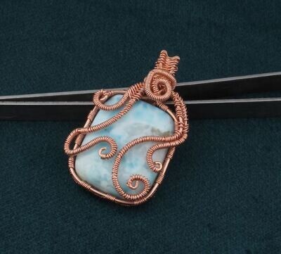 Copper Wire Wrapped Natural Larimar Wedding Necklace Pendant For Women, Handmade Cushion Gemstone Copper Pendant Gifts Idea For Her Jewelry