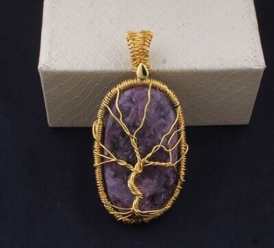 14kt Gold Plated Wire Wrapped Natural Charoite Wedding Necklace Pendant For Women, Handmade Oval Gemstone Gold Pendant Gifts For Her Jewelry