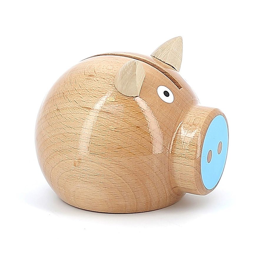 Tirelire cochon bois naturel-bleu