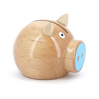 Tirelire cochon bois naturel-bleu