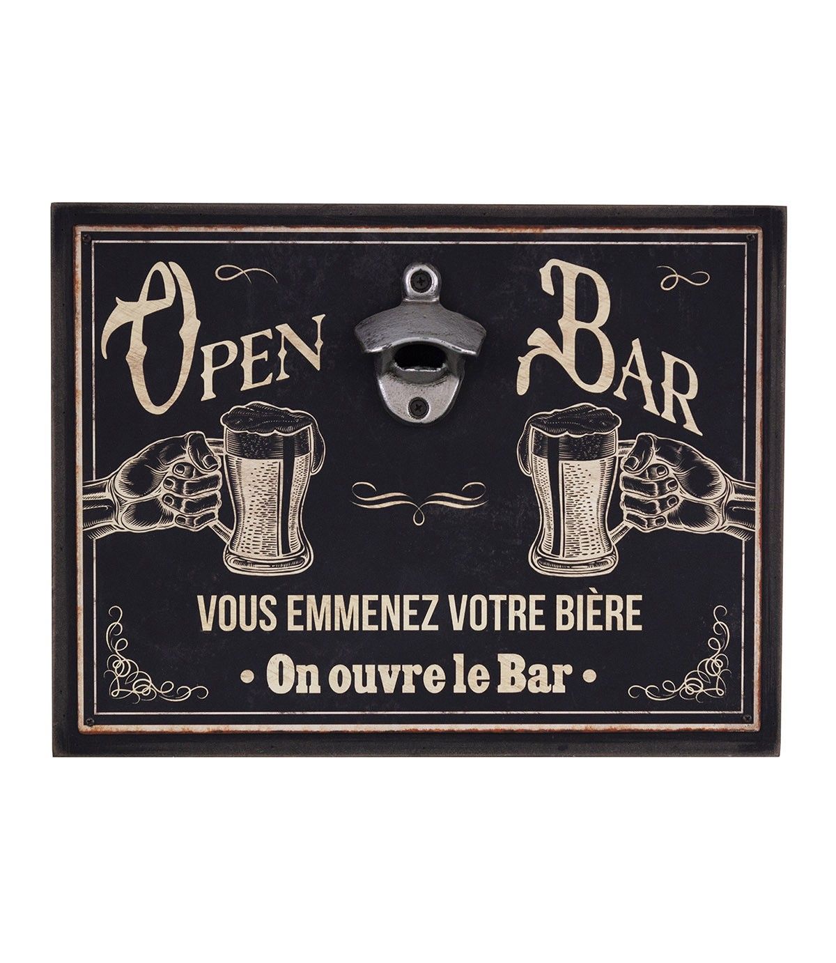 Plaque métal avec décapsuleur "Open Bar" 33 x 25 cm