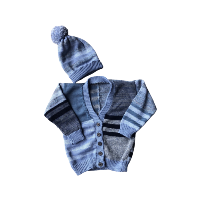 Blue striped Cardigan and Hat