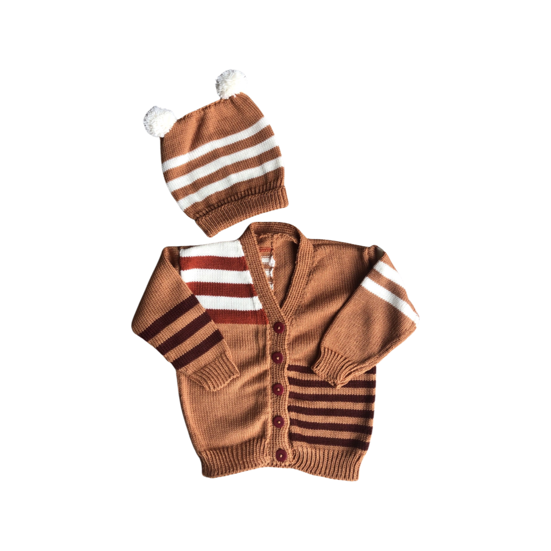 Tan Striped Cardigan &amp; Hat