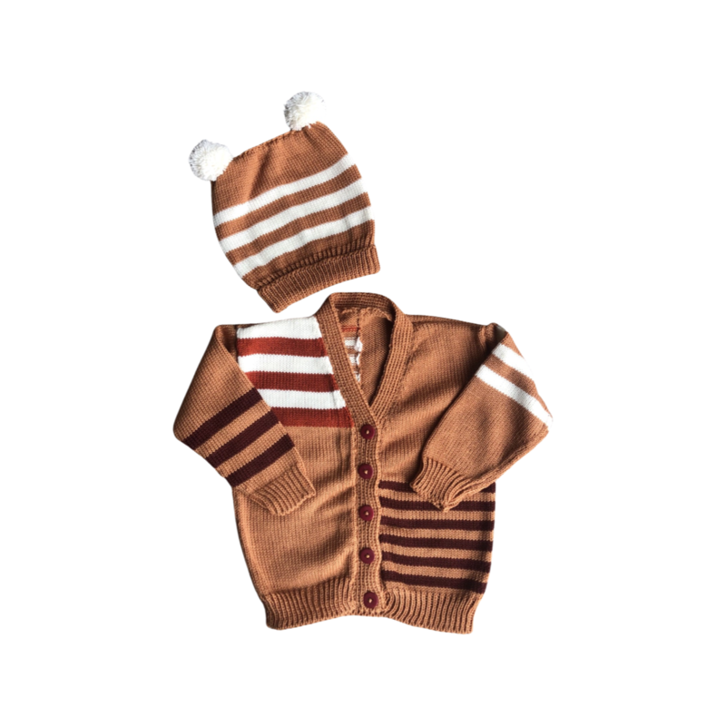 Tan Striped Cardigan &amp; Hat