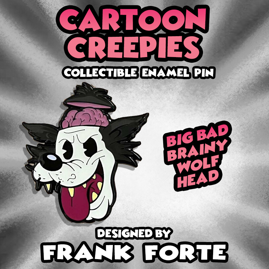 Cartoon Creepies Pink Wolf Head 1.5&quot; Soft Enamel Pin