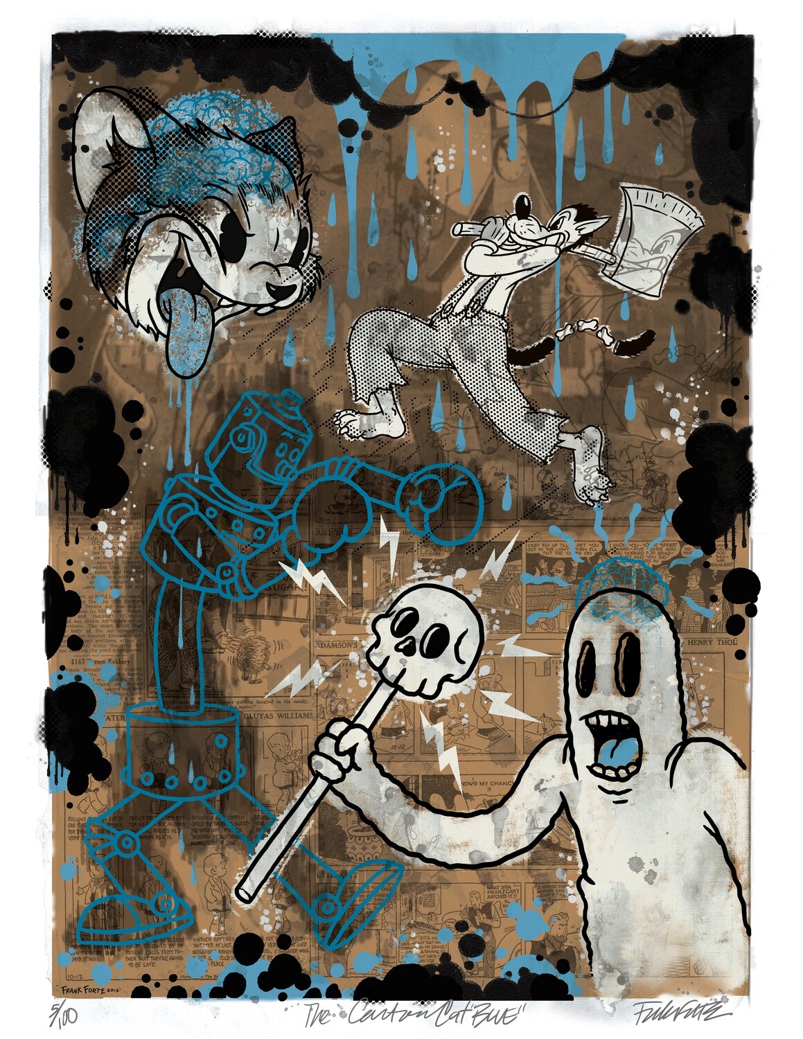 The Cartoon Cat Blue 8.5x11 Pop Surrealism Dark Art Print by Frank Forte