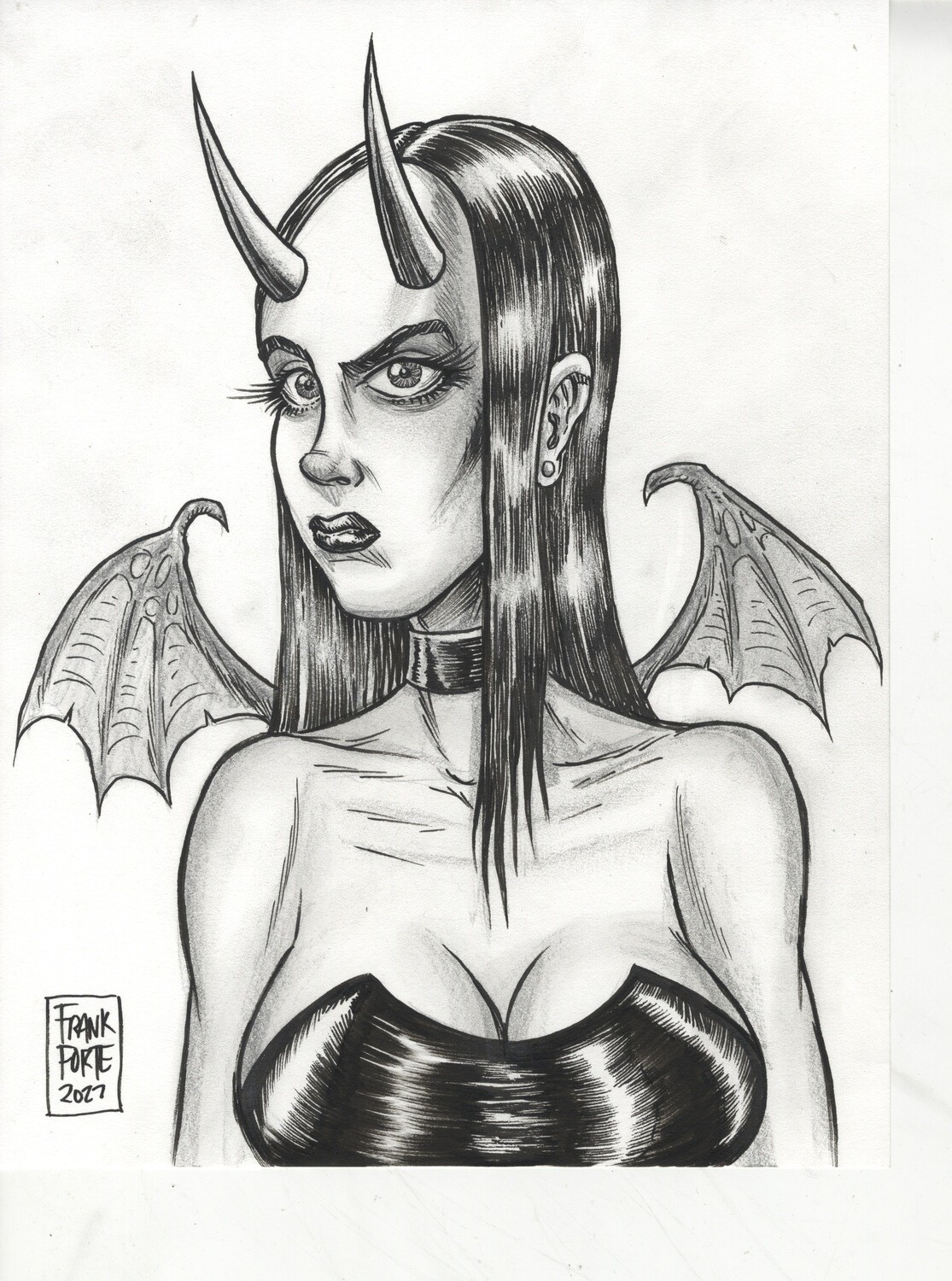 Sexy Devil Succubus Goth Girl 9x12 Original Drawing Fine Art by Frank Forte Comic Art