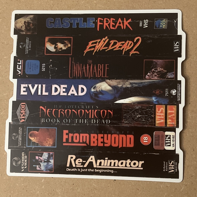 80&#39;s Lovecraftian Horror Films VHS Stack Sticker Re-Animator Evil Dead From Beyond Thrillers