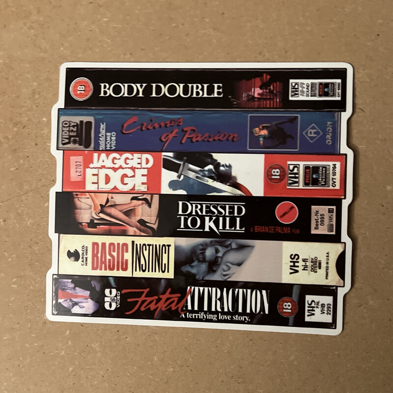 80&#39;s Erotic Thrillers VHS Stack Sticker Fatal Attraction Basic Instinct Jagged Edge