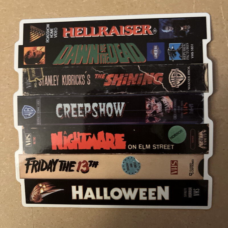 80&#39;s Horror VHS Stack Sticker Halloween Nightmare On Elm Street Friday The 13th Thrillers