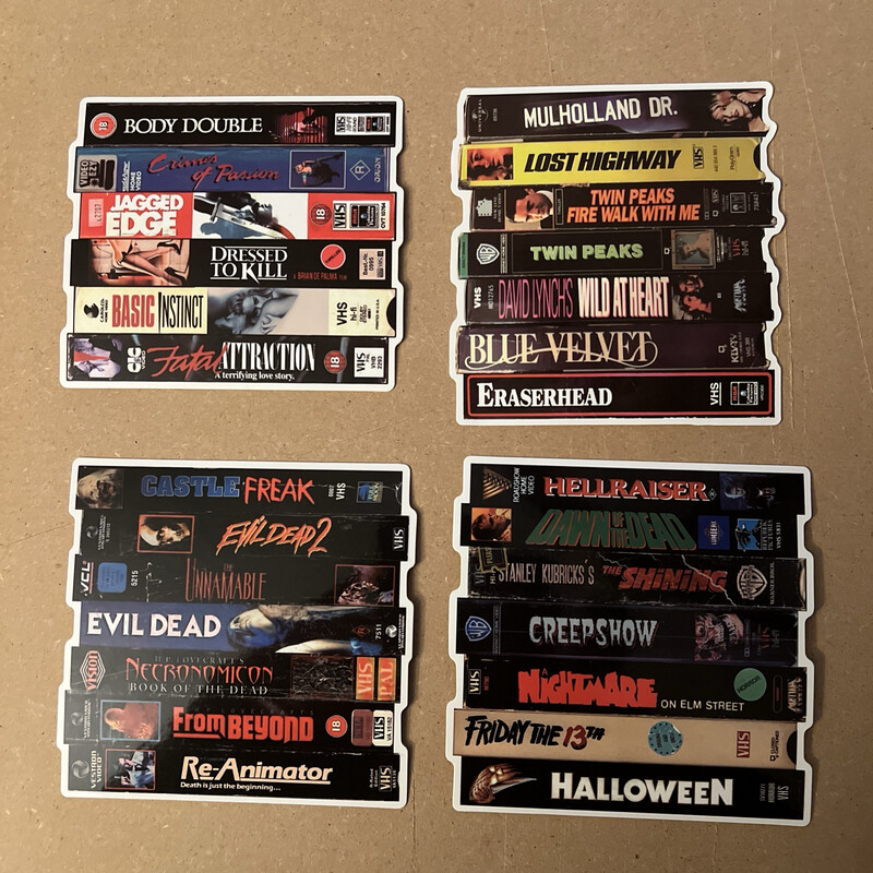 Set Of 4 80&#39;s Horror VHS Stack Sticker David Lynch Halloween Nightmare Erotic Thrillers