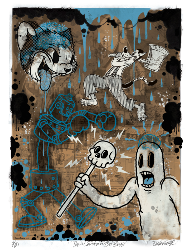 The Cartoon Cat Blue 12x16 Pop Surrealism Dark Art Print by Frank Forte