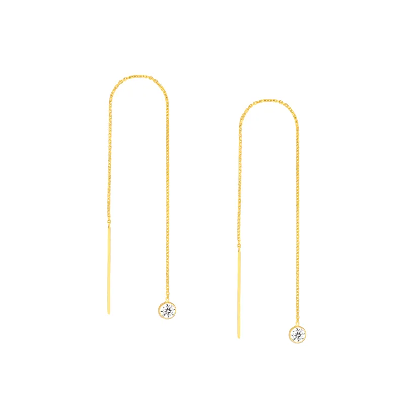 14K Yellow Gold Bezel CZ Dangle Threader Earrings