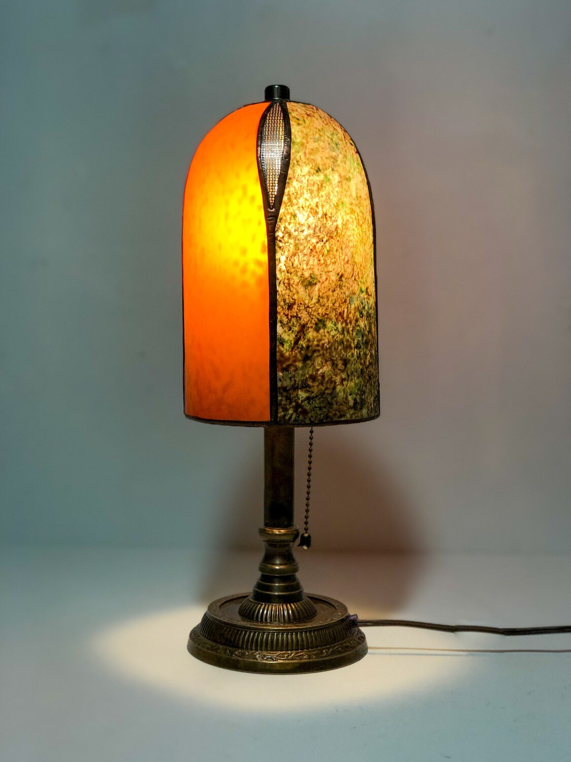 “Robe de Soirée Orange” Fused glass lamp with antique base. 14.5”