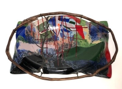 “Clairier” glass montage sculpture and driftwood.