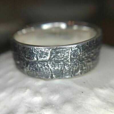 Oak Ash Bark Ring 10mm Semi-Oxidized Silver, Size 11.5