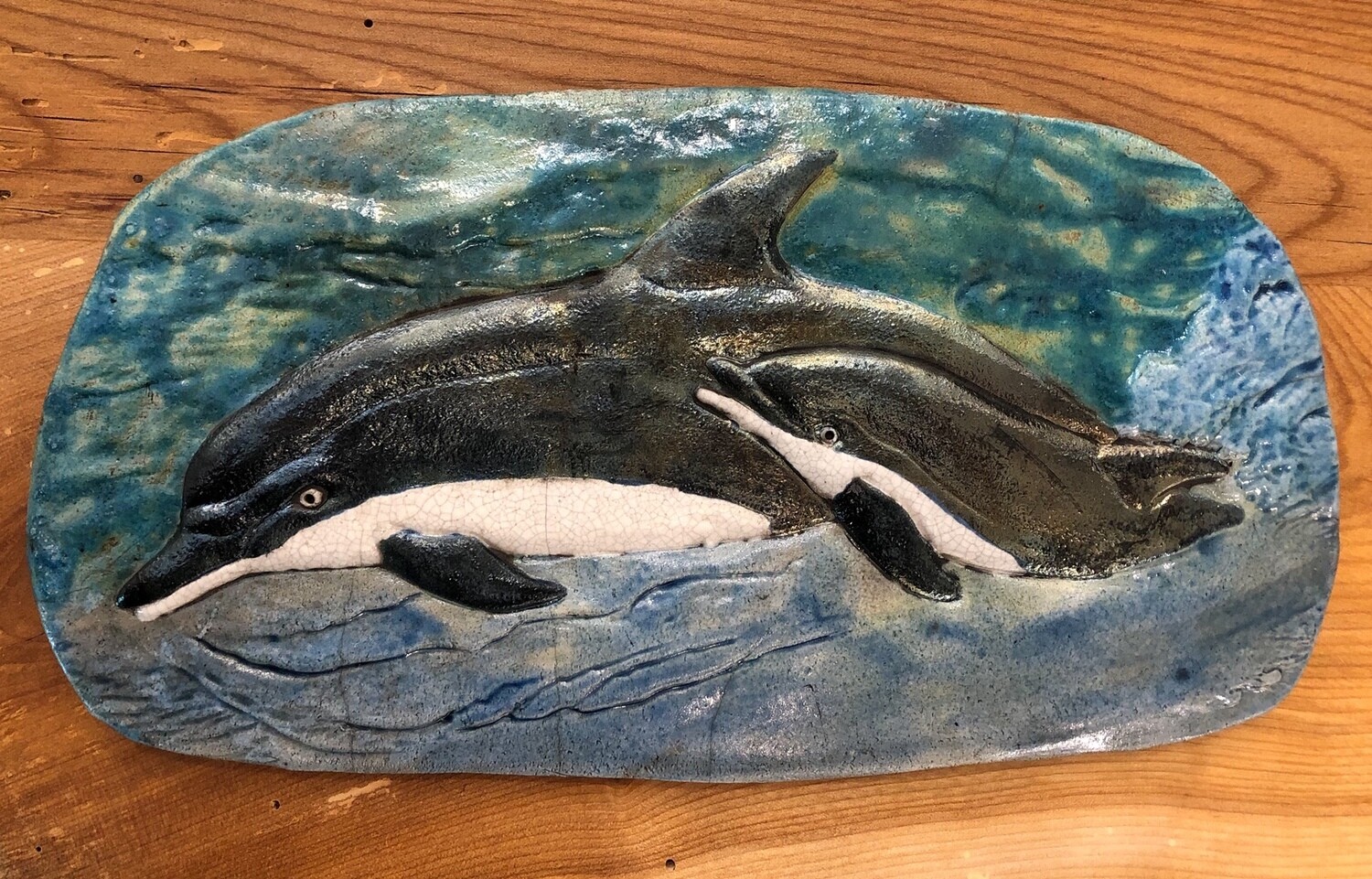Dolphin Plaque Raku Pottery