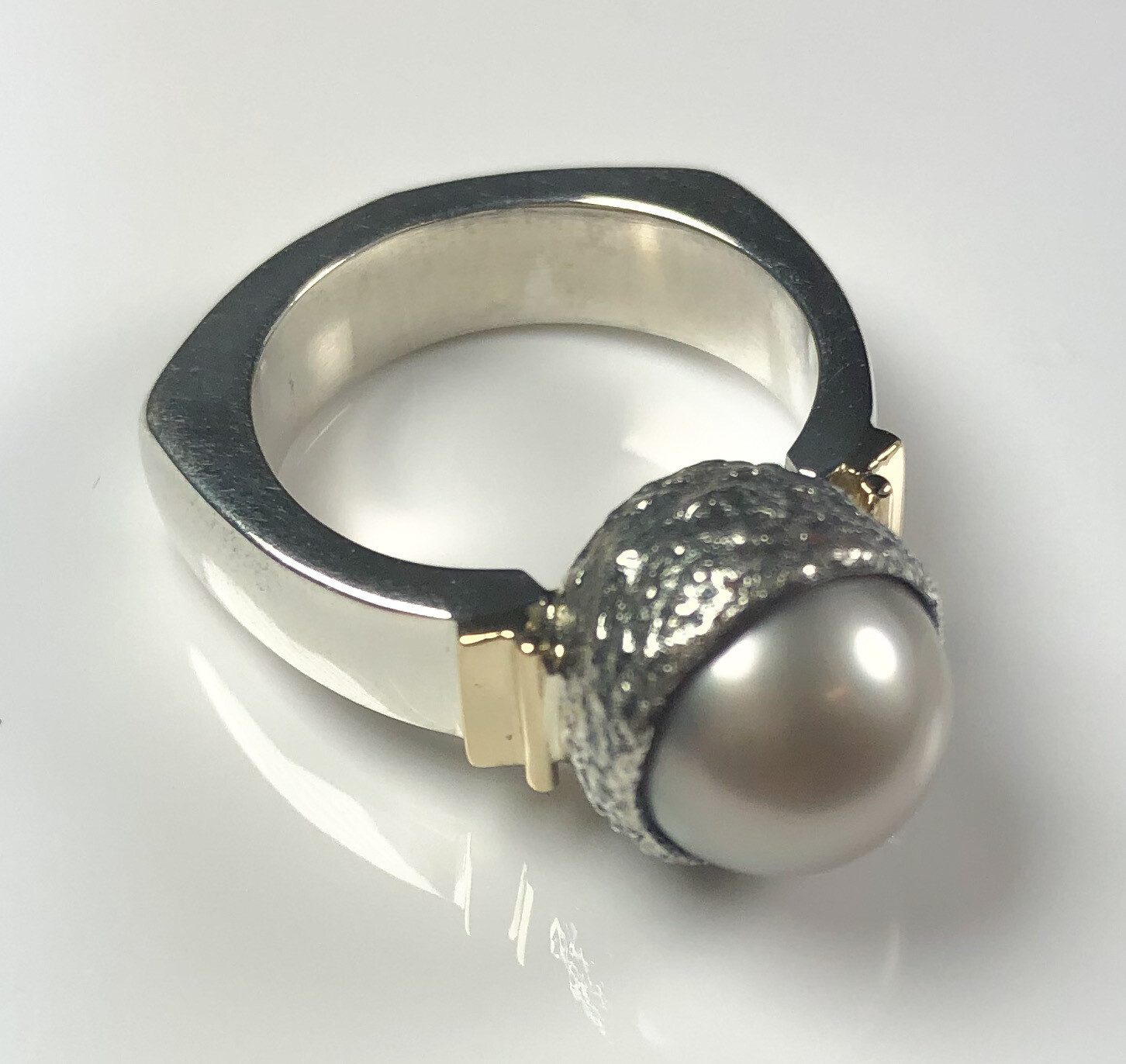 Cast acorn ring with Tahitian grey pearl, sterling silver & 14K yellow gold