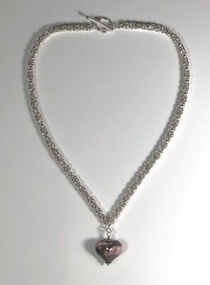 Chainmaille with Handblown Pink & Grey Heart Pendant